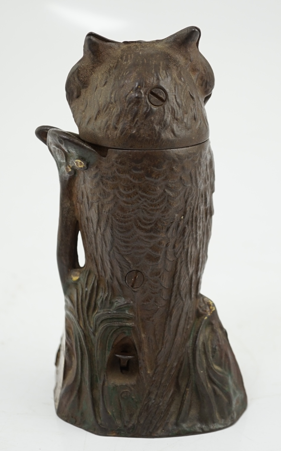 A late 19th century American cast iron owl Patent money box